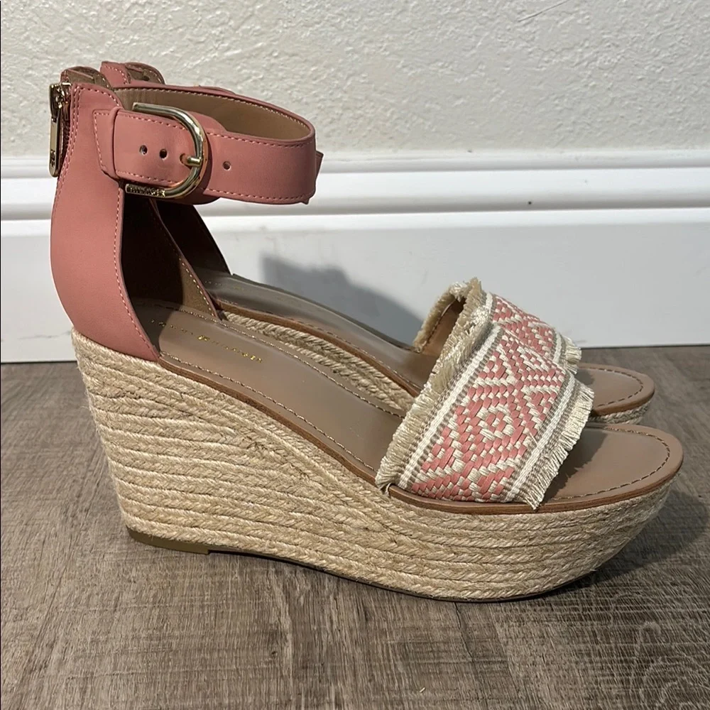 Tommy Hilfiger Pink and Cream Wedge Sandals with Ankle Strap nwot